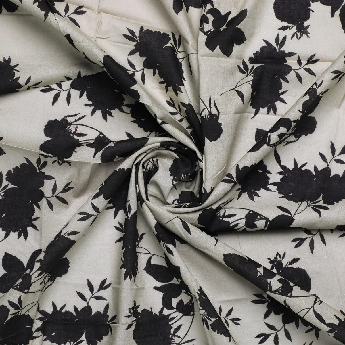 Black Floral Flower Digital Printed Fabric - Pure Cotton