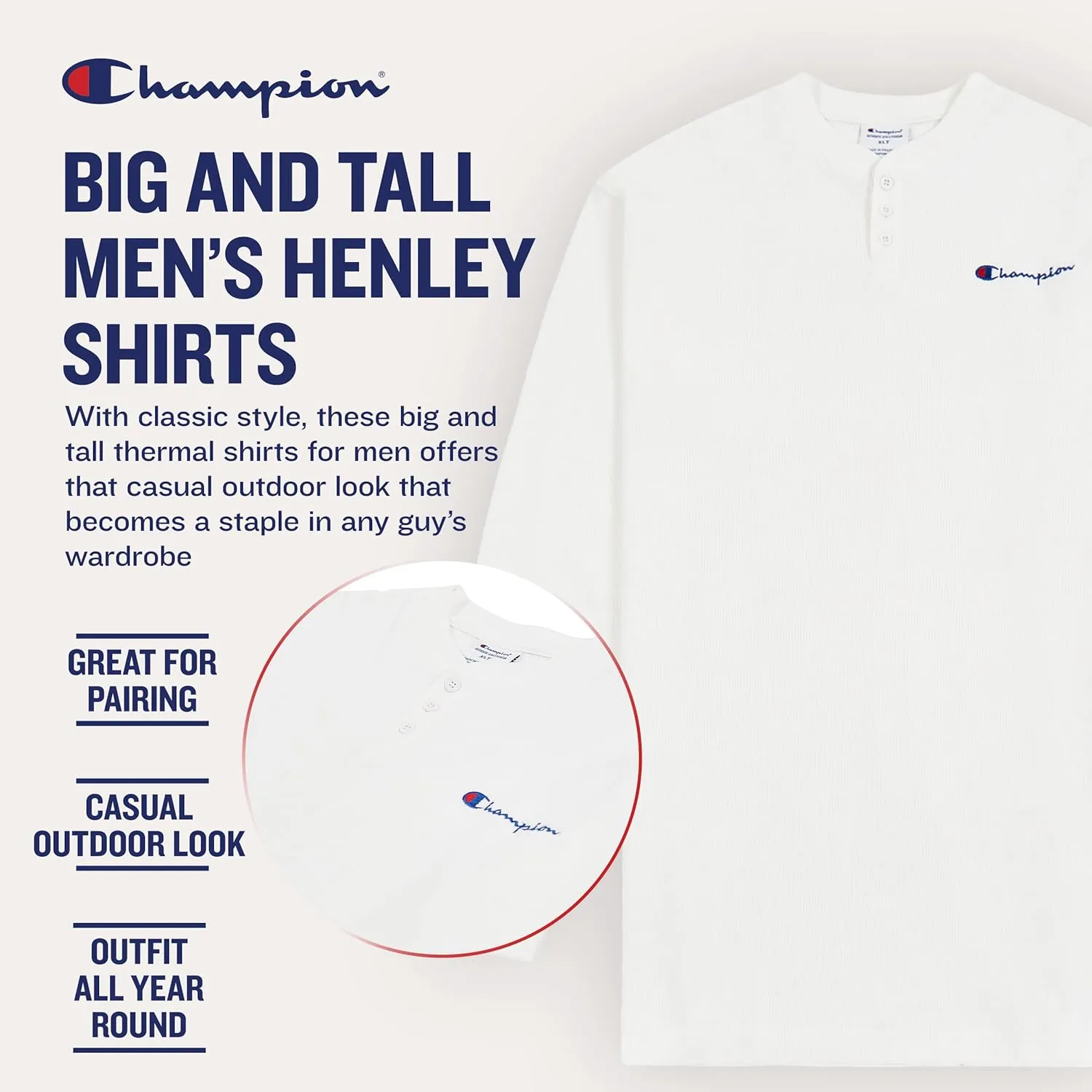 Champion Thermal Heavyweight Long Sleeve Henley Shirts for Men Big and Tall Black