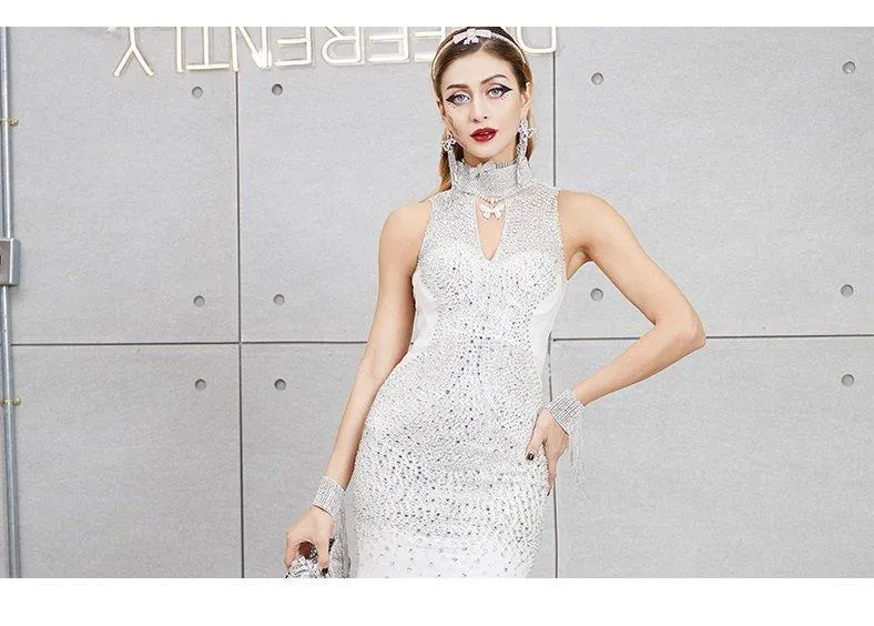 Deep V-neck sexy fashion tulle mesh fishtail skirt slim fit beaded sequins skirt  white dress- Olivia