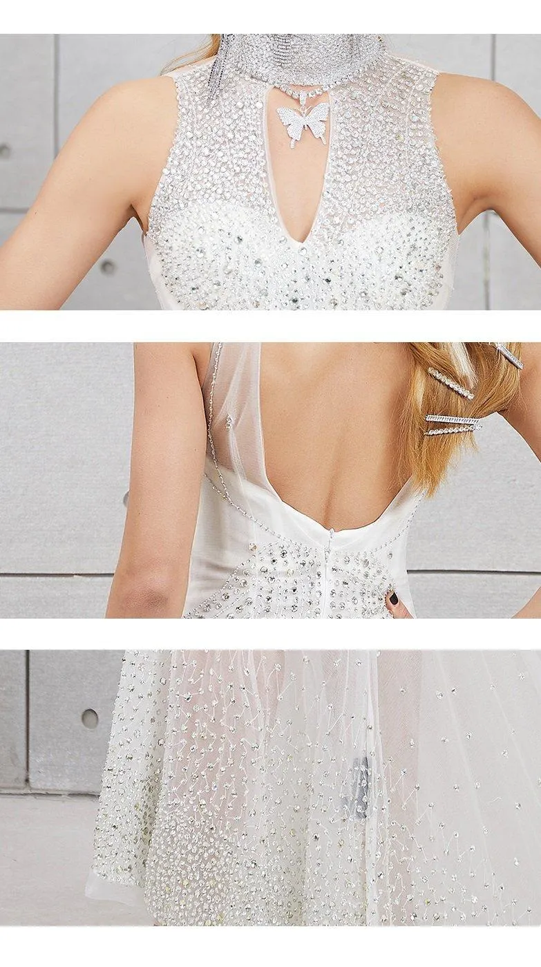 Deep V-neck sexy fashion tulle mesh fishtail skirt slim fit beaded sequins skirt  white dress- Olivia