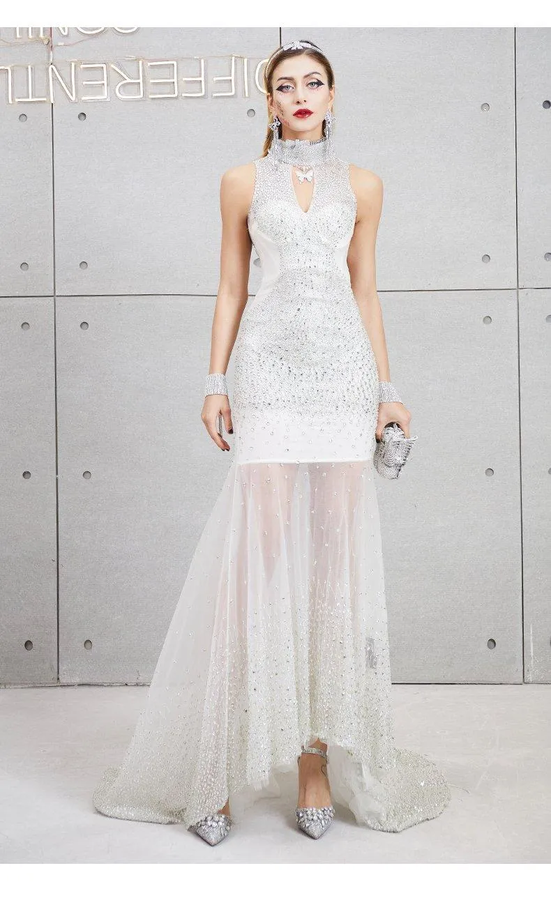 Deep V-neck sexy fashion tulle mesh fishtail skirt slim fit beaded sequins skirt  white dress- Olivia