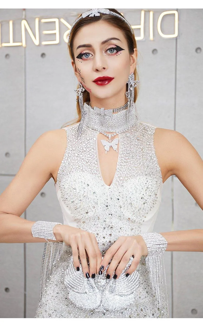 Deep V-neck sexy fashion tulle mesh fishtail skirt slim fit beaded sequins skirt  white dress- Olivia