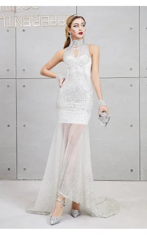 Deep V-neck sexy fashion tulle mesh fishtail skirt slim fit beaded sequins skirt  white dress- Olivia