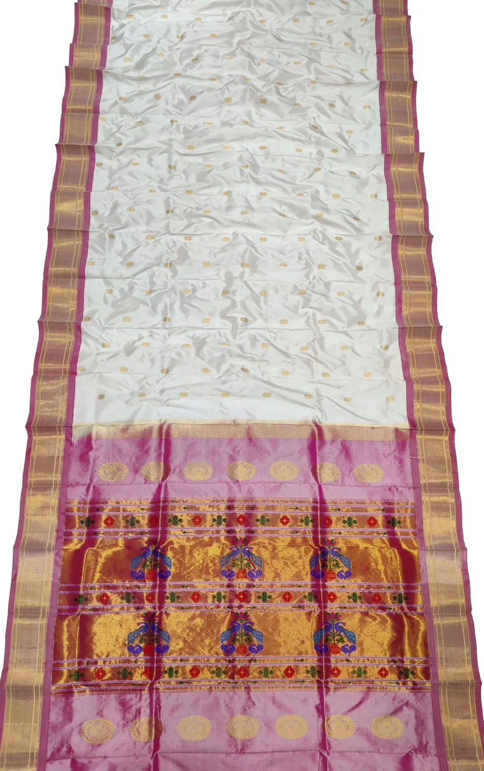 Exquisite Off White Handloom Paithani Pure Silk Peacock Design Saree