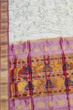 Exquisite Off White Handloom Paithani Pure Silk Peacock Design Saree