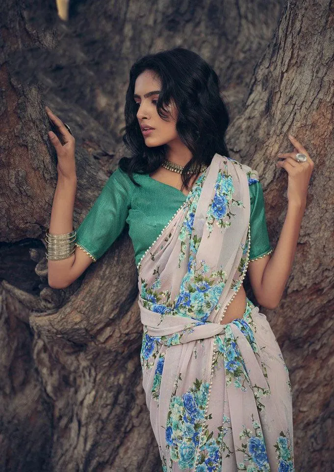 Light Grey Floral Printed Saree with Pearl Lace Work MN3802