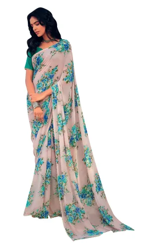 Light Grey Floral Printed Saree with Pearl Lace Work MN3802