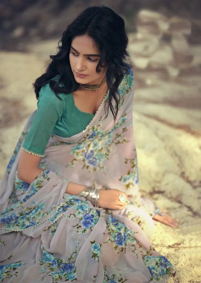 Light Grey Floral Printed Saree with Pearl Lace Work MN3802