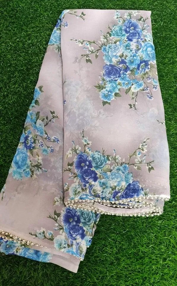 Light Grey Floral Printed Saree with Pearl Lace Work MN3802