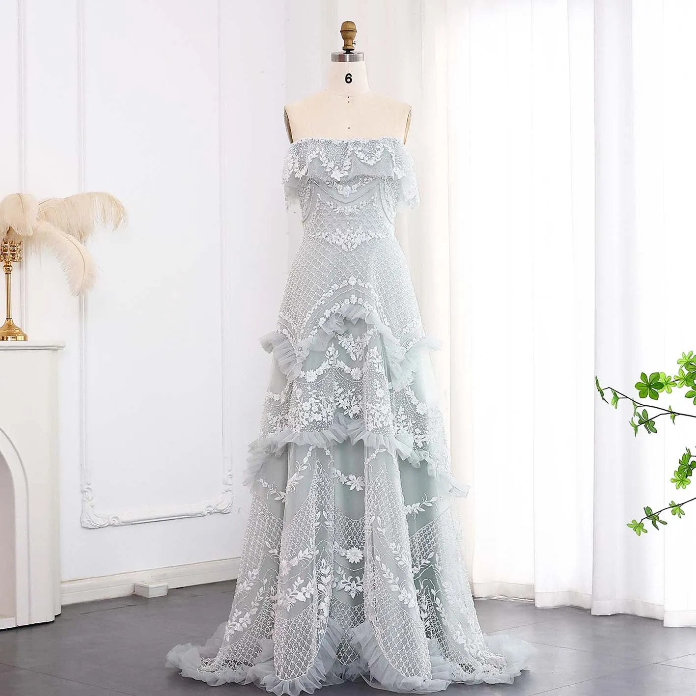 Luxury Silver Gray Off Shoulder Evening Dress SS485