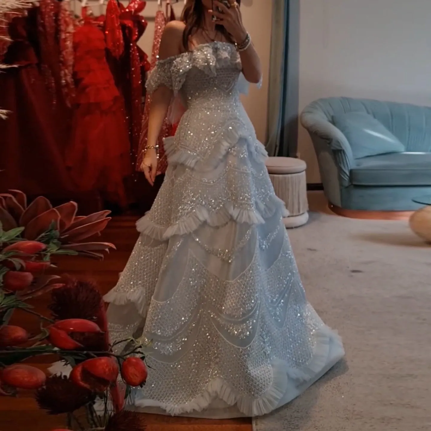 Luxury Silver Gray Off Shoulder Evening Dress SS485