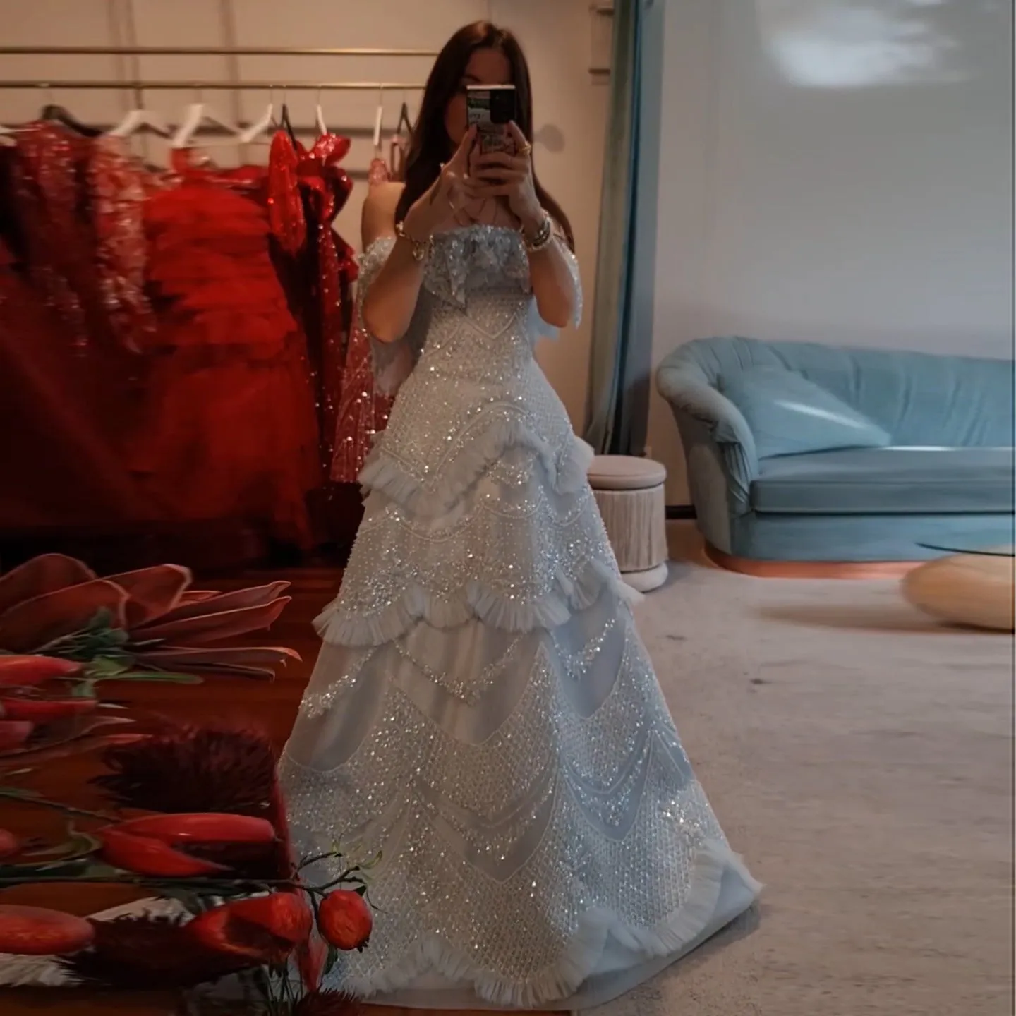 Luxury Silver Gray Off Shoulder Evening Dress SS485
