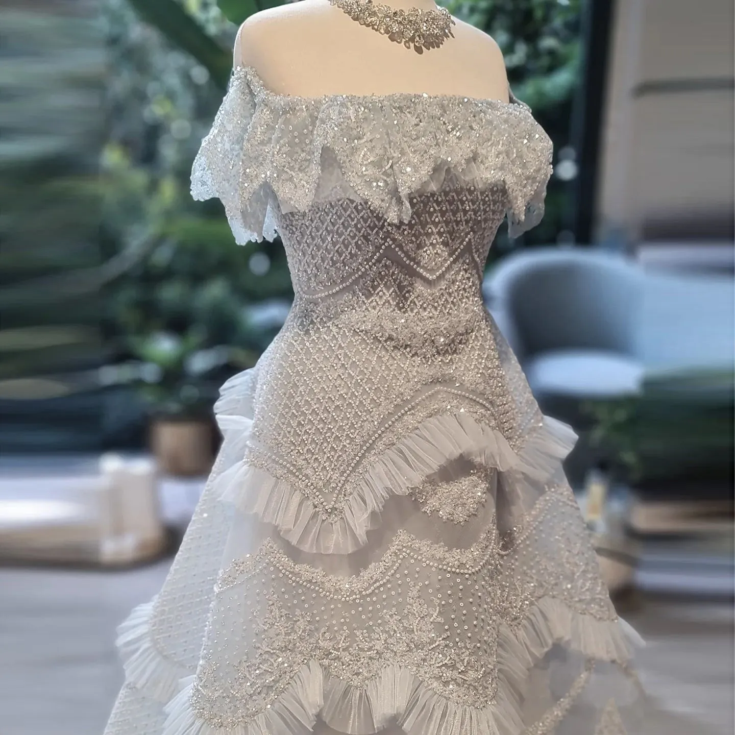 Luxury Silver Gray Off Shoulder Evening Dress SS485