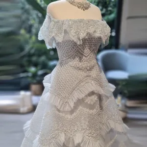 Luxury Silver Gray Off Shoulder Evening Dress SS485
