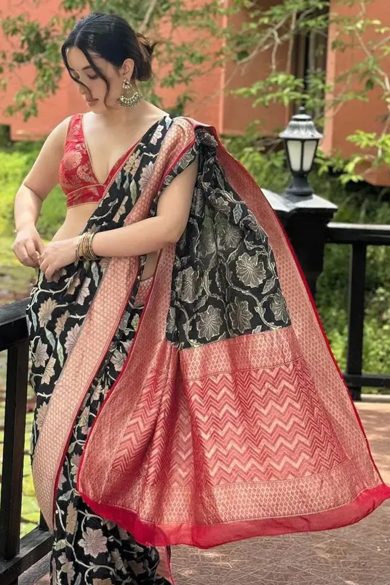 Majestic Black Soft Silk Saree With Confounding Blouse Piece