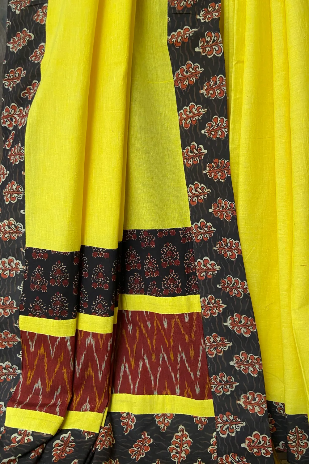 patchwork applique saree - lemon zest & chevron drops