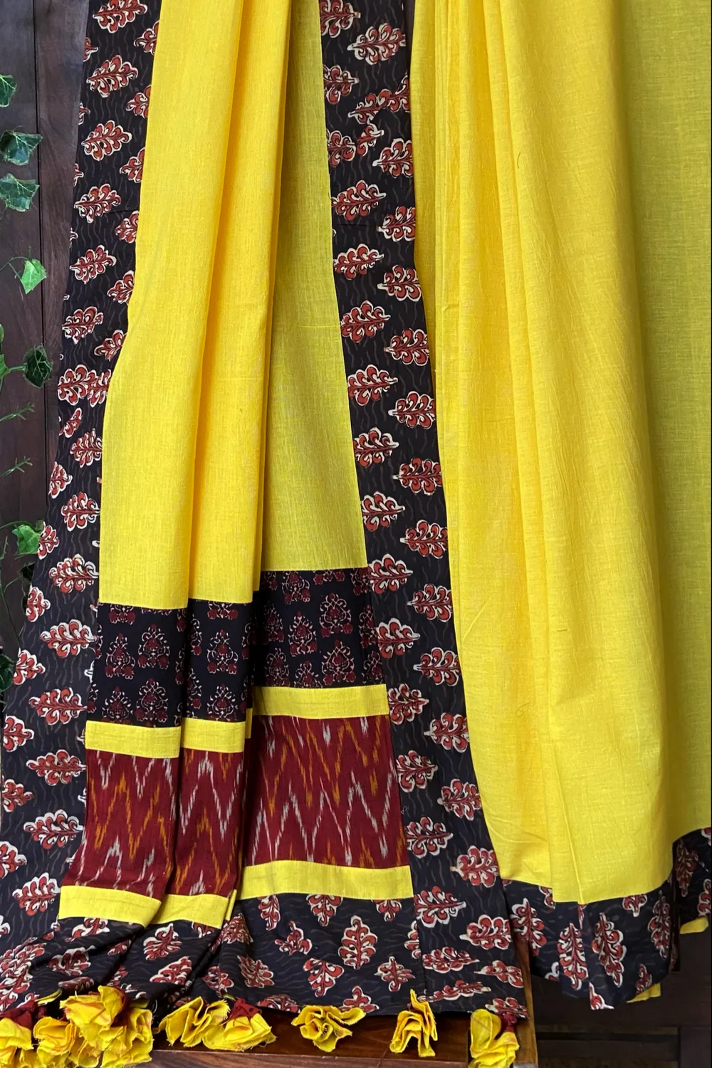 patchwork applique saree - lemon zest & chevron drops