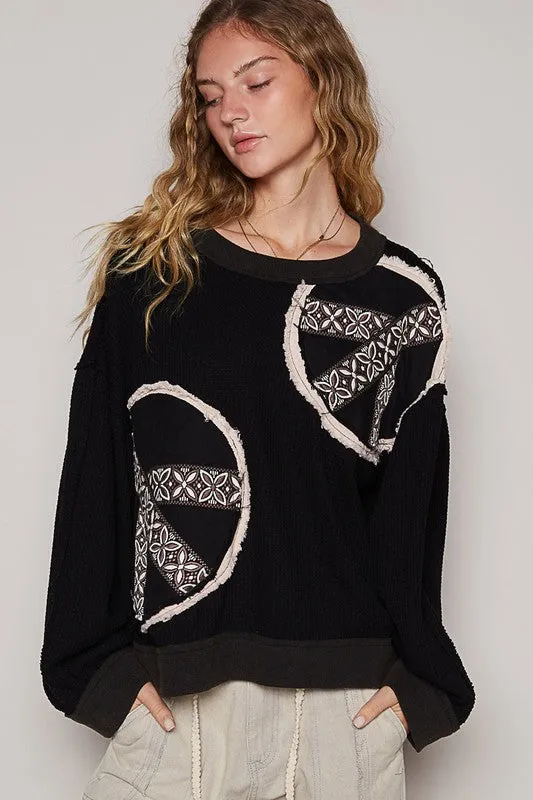 POL Vintage washed long sleeve peach patch thermal top - Black or Cream
