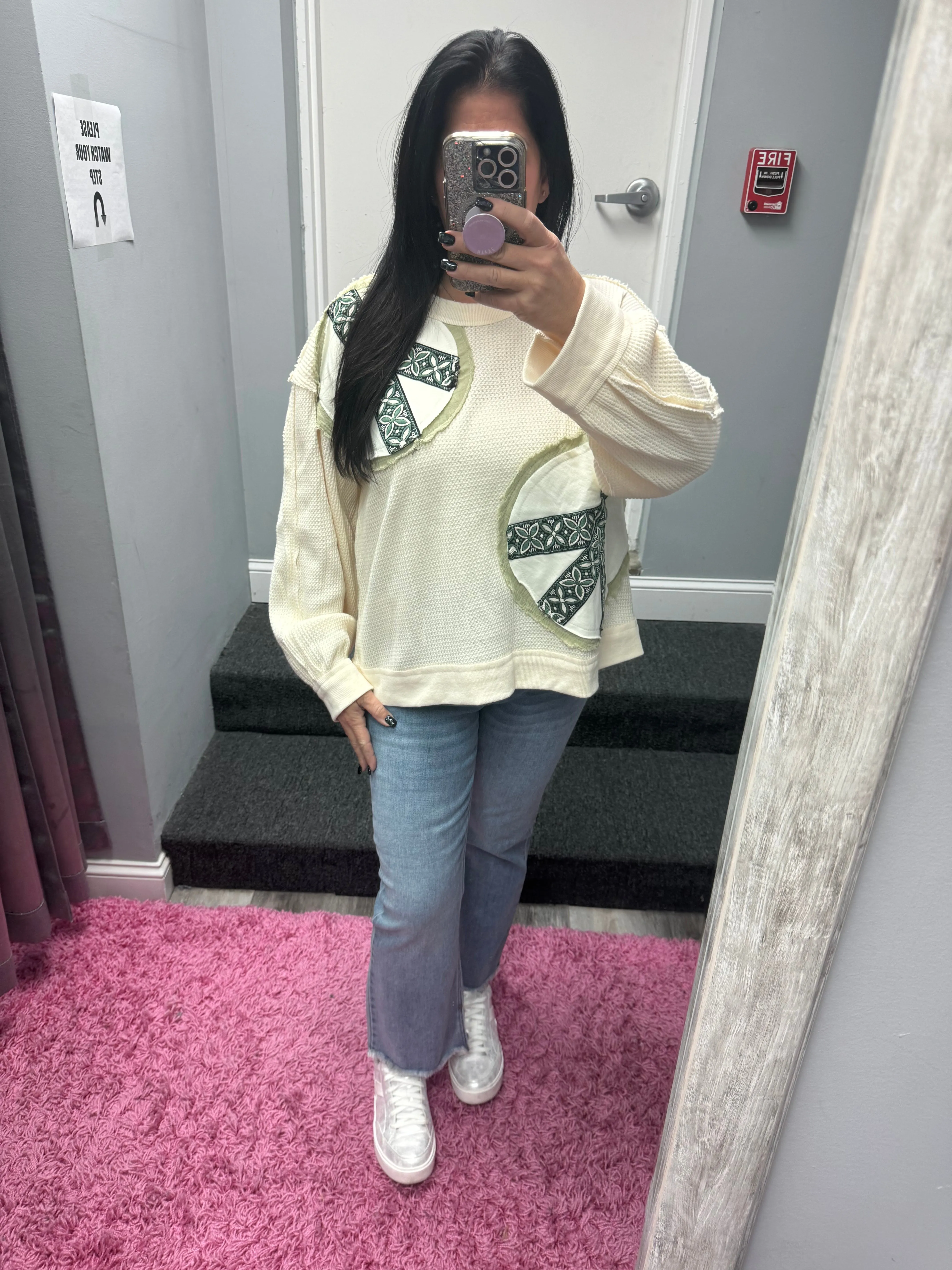POL Vintage washed long sleeve peach patch thermal top - Black or Cream