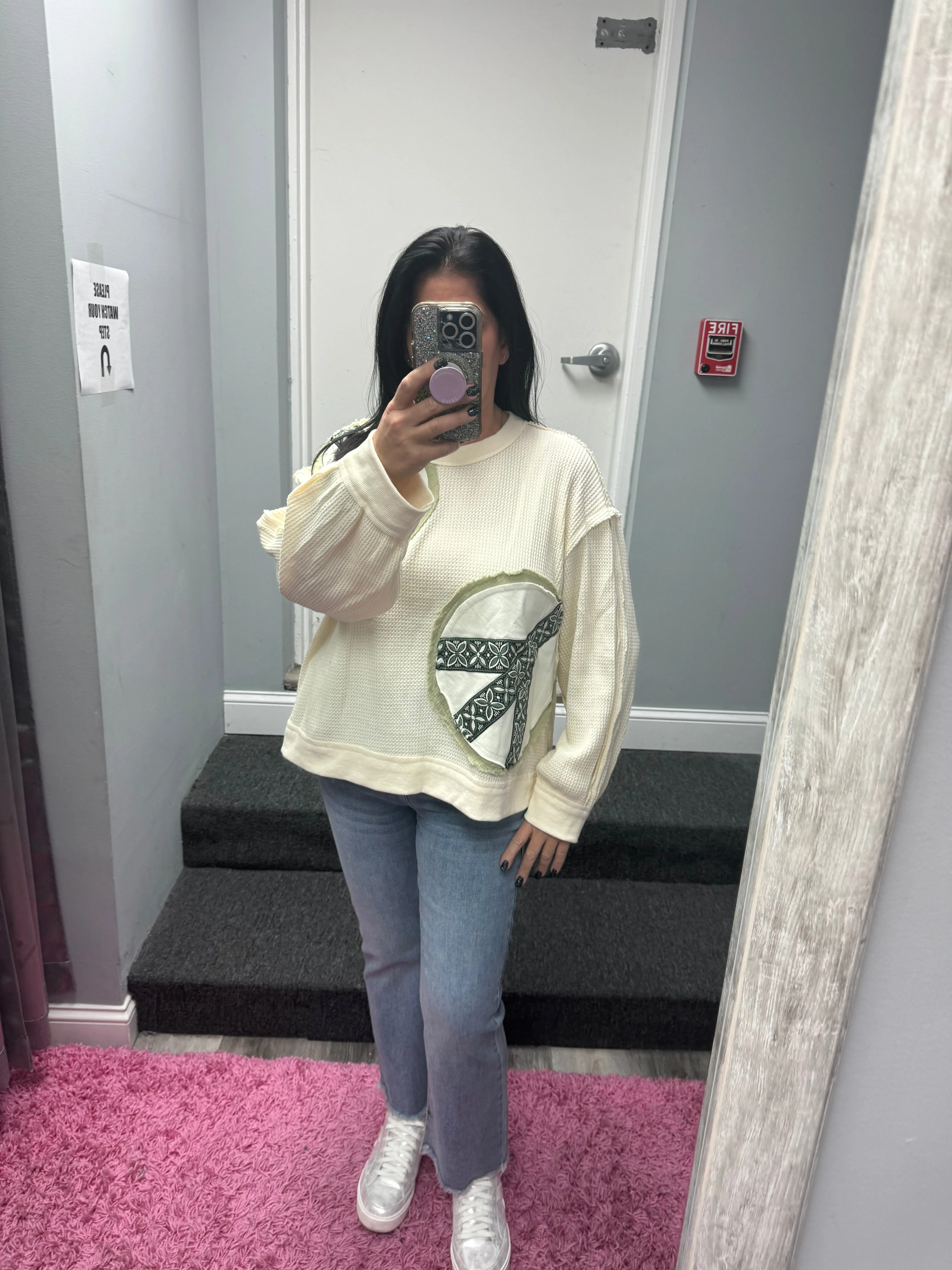 POL Vintage washed long sleeve peach patch thermal top - Black or Cream