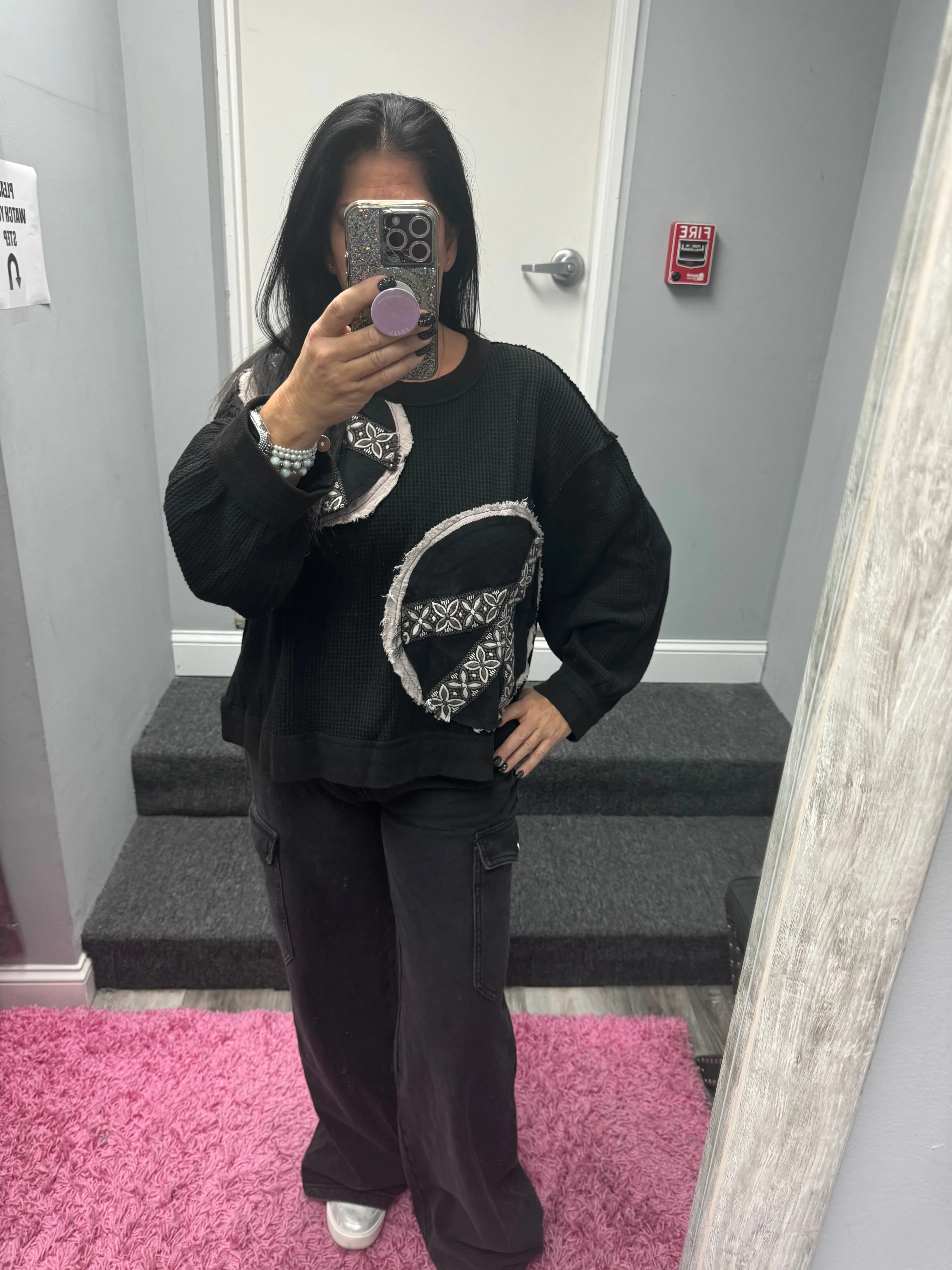 POL Vintage washed long sleeve peach patch thermal top - Black or Cream