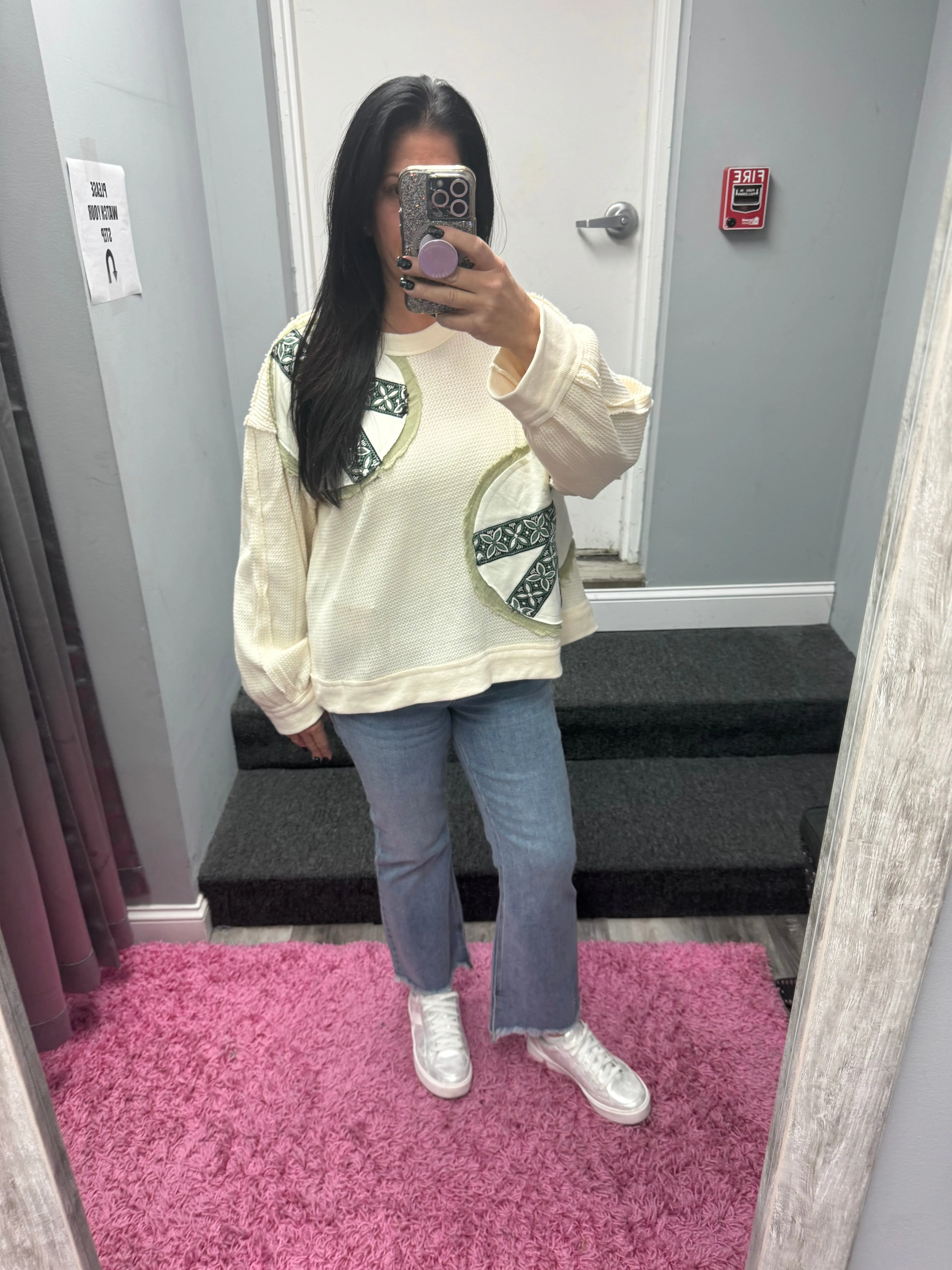 POL Vintage washed long sleeve peach patch thermal top - Black or Cream