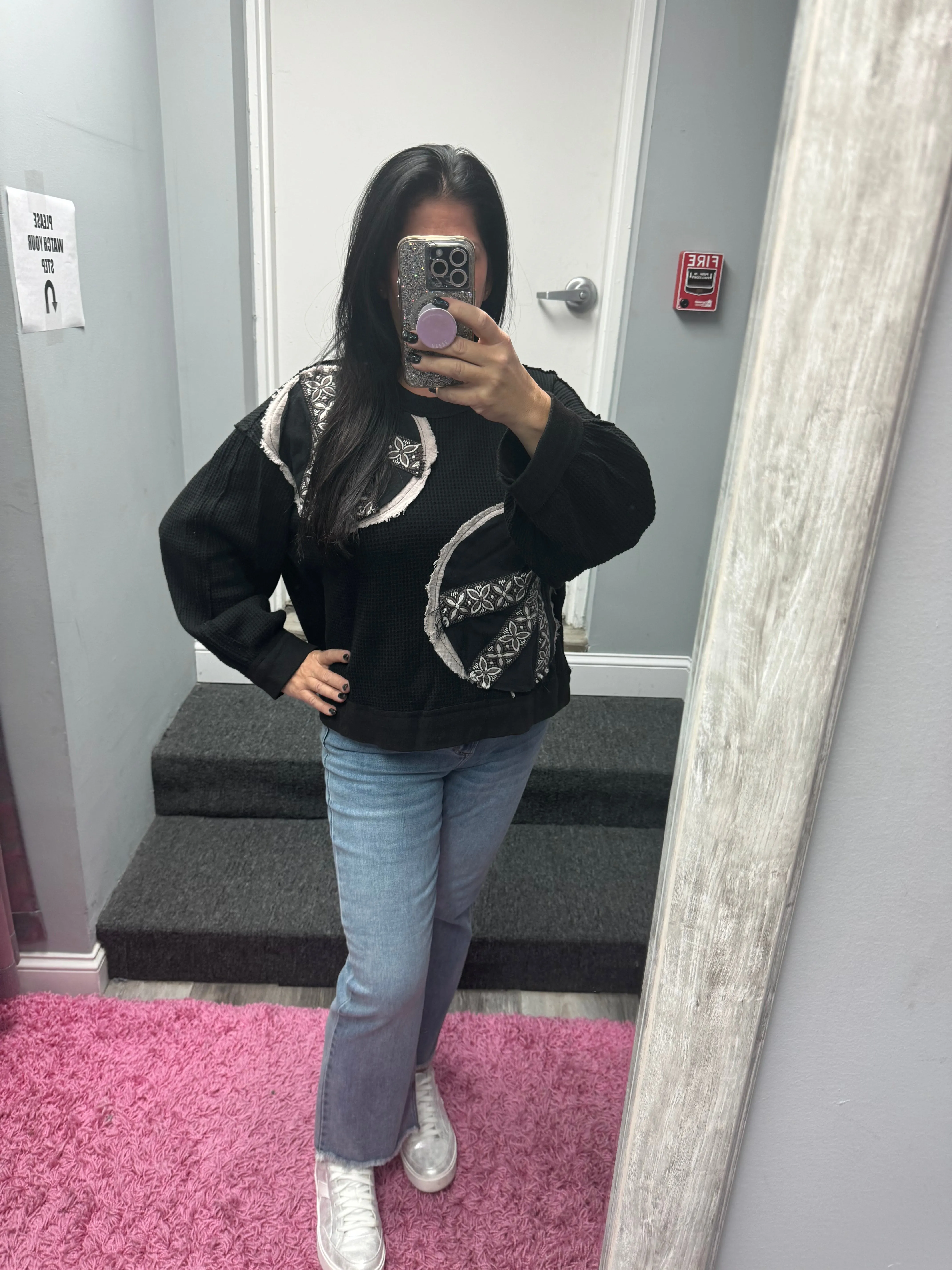 POL Vintage washed long sleeve peach patch thermal top - Black or Cream