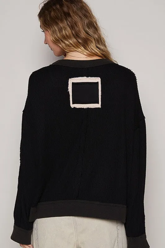 POL Vintage washed long sleeve peach patch thermal top - Black or Cream