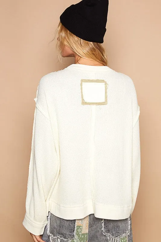 POL Vintage washed long sleeve peach patch thermal top - Black or Cream