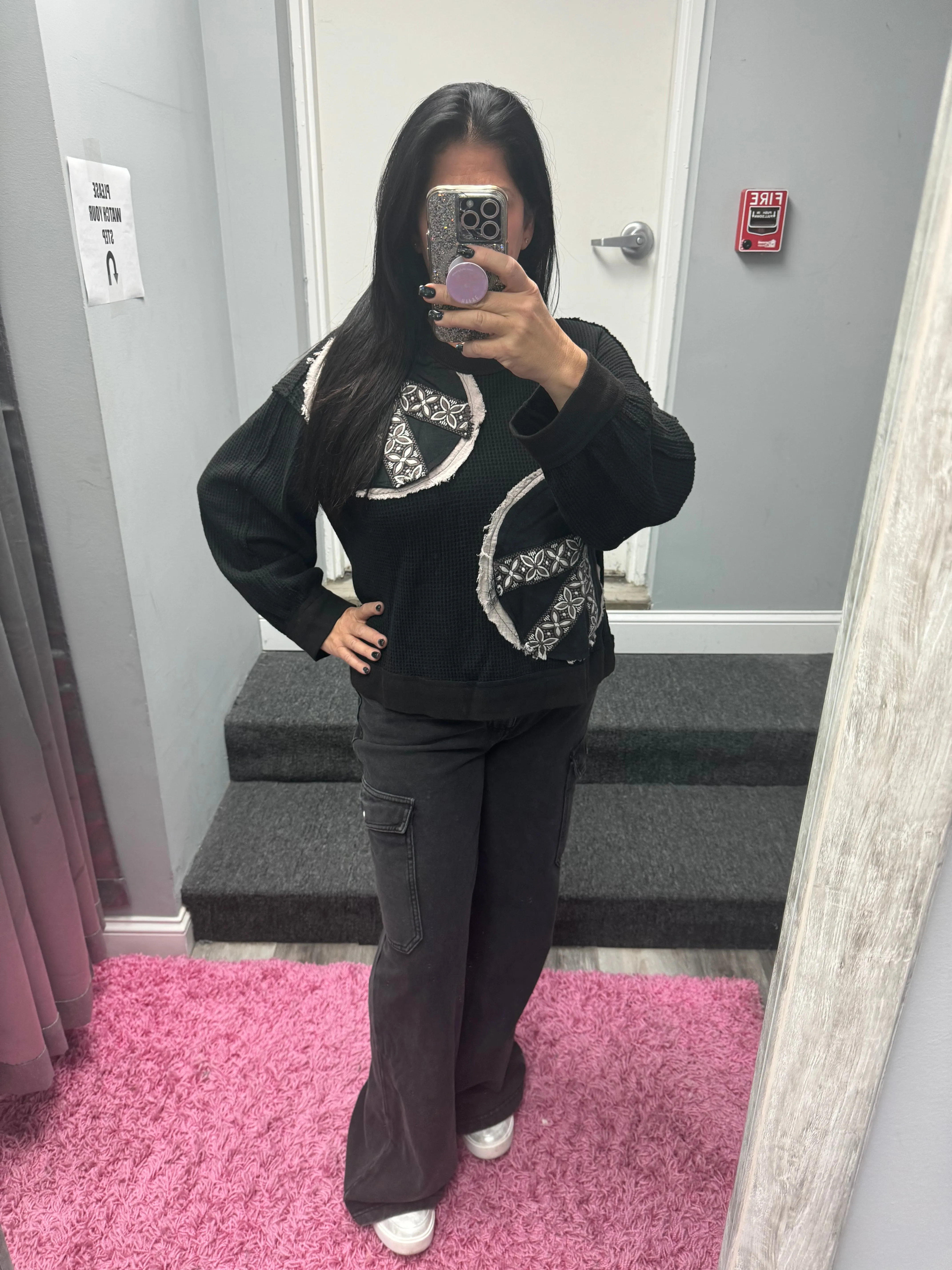 POL Vintage washed long sleeve peach patch thermal top - Black or Cream