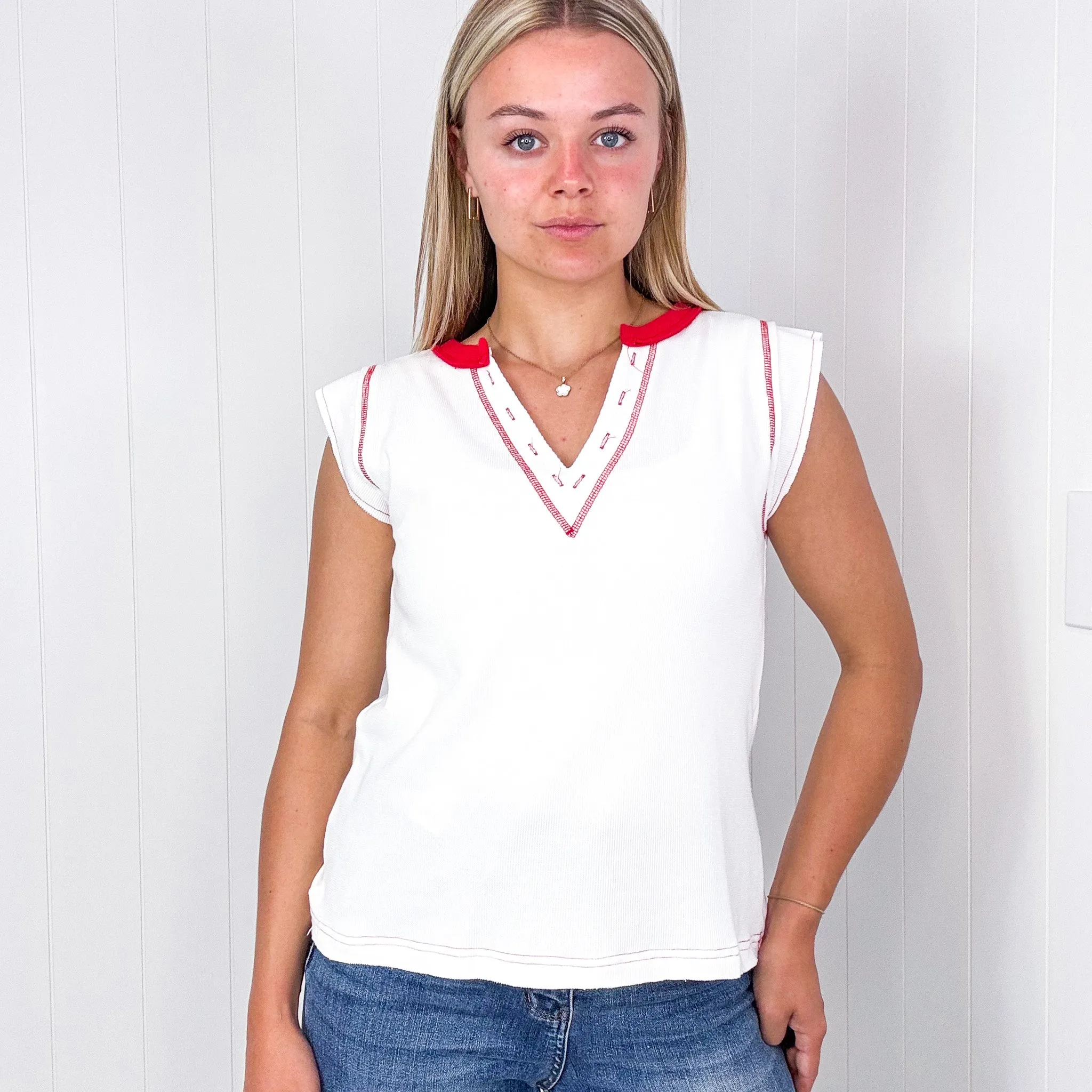 Pol White with Red Contrast Thermal Sleeveless V Neck Top
