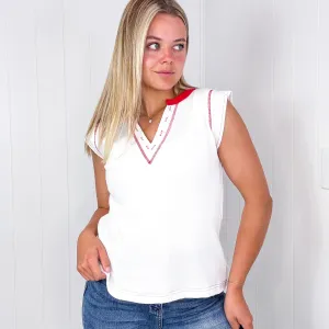 Pol White with Red Contrast Thermal Sleeveless V Neck Top