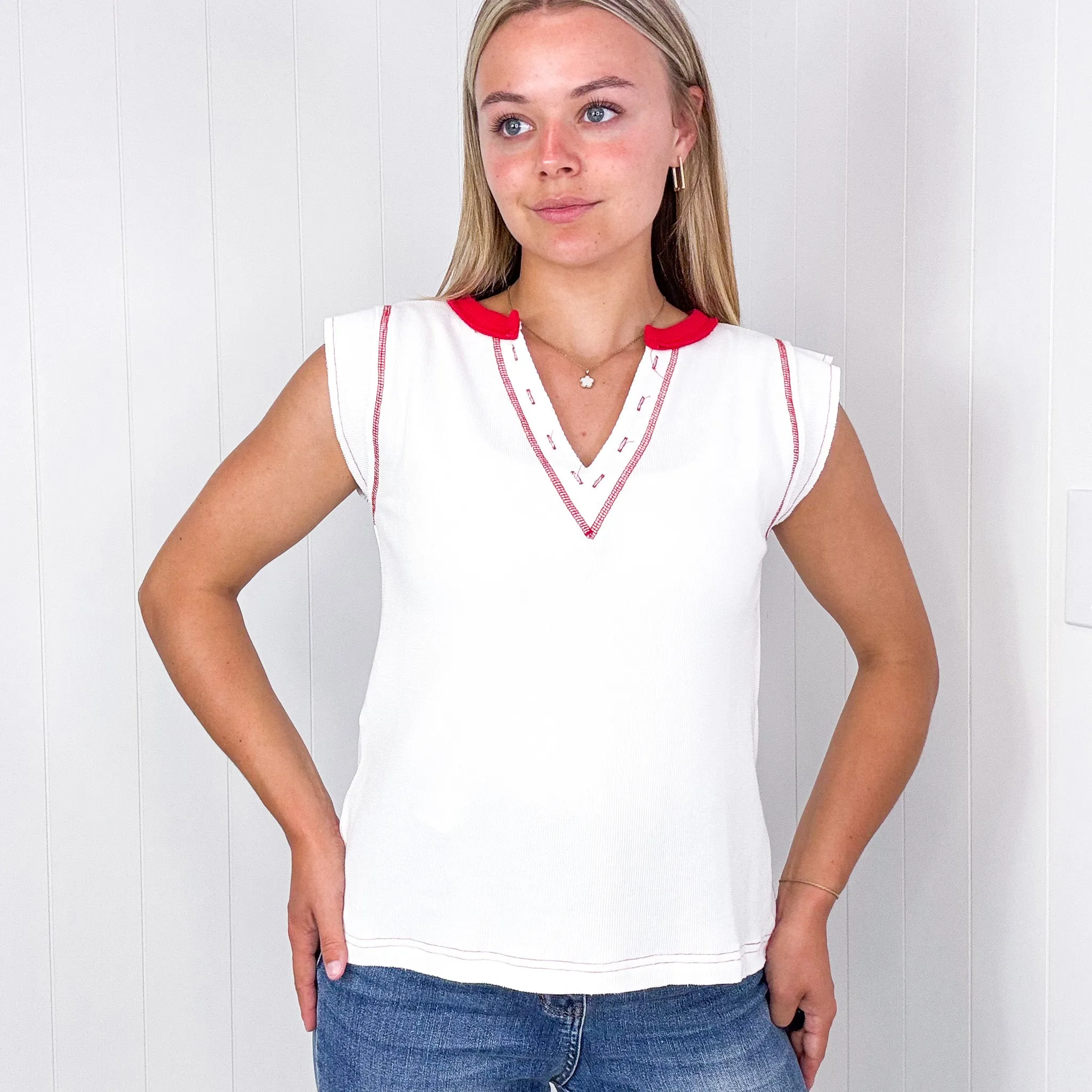 Pol White with Red Contrast Thermal Sleeveless V Neck Top