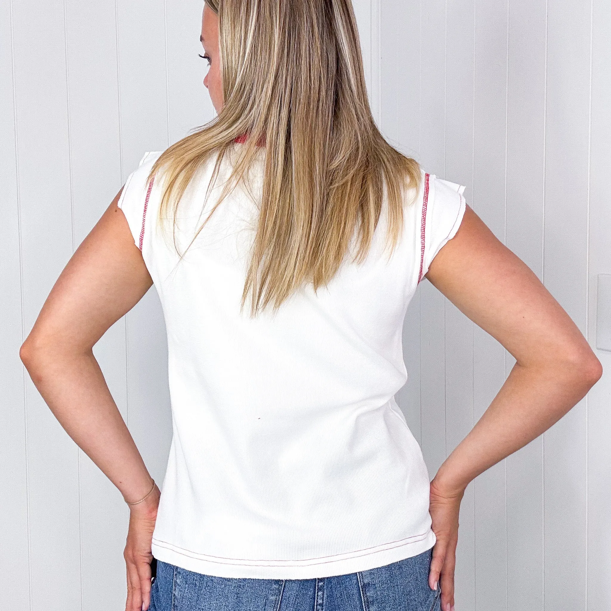 Pol White with Red Contrast Thermal Sleeveless V Neck Top