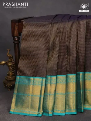 Pure kanchipuram silk saree deep jamun shade and teal blue with allover zari checked pattern and long zari woven korvai border