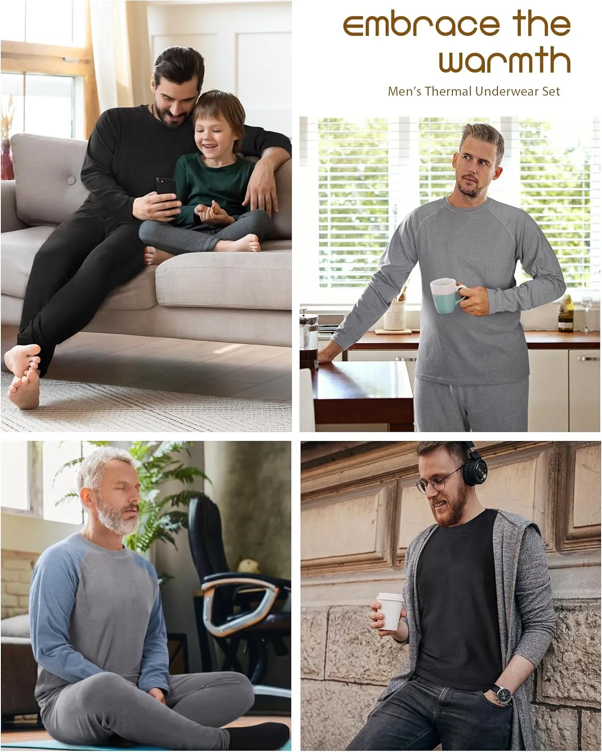 Roadbox Thermal Underwear for Men: Fleece Lined Long Johns Base Layer Cold Weather Winter Ski Thermals Top and Bottom Set
