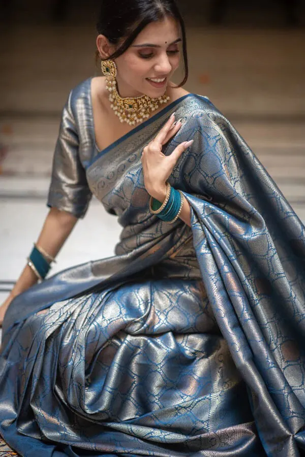 Scrumptious Blue Soft Silk Saree With Tremendous Blouse Piece