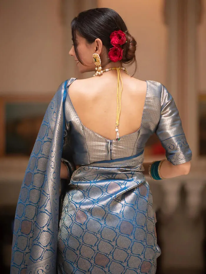 Scrumptious Blue Soft Silk Saree With Tremendous Blouse Piece
