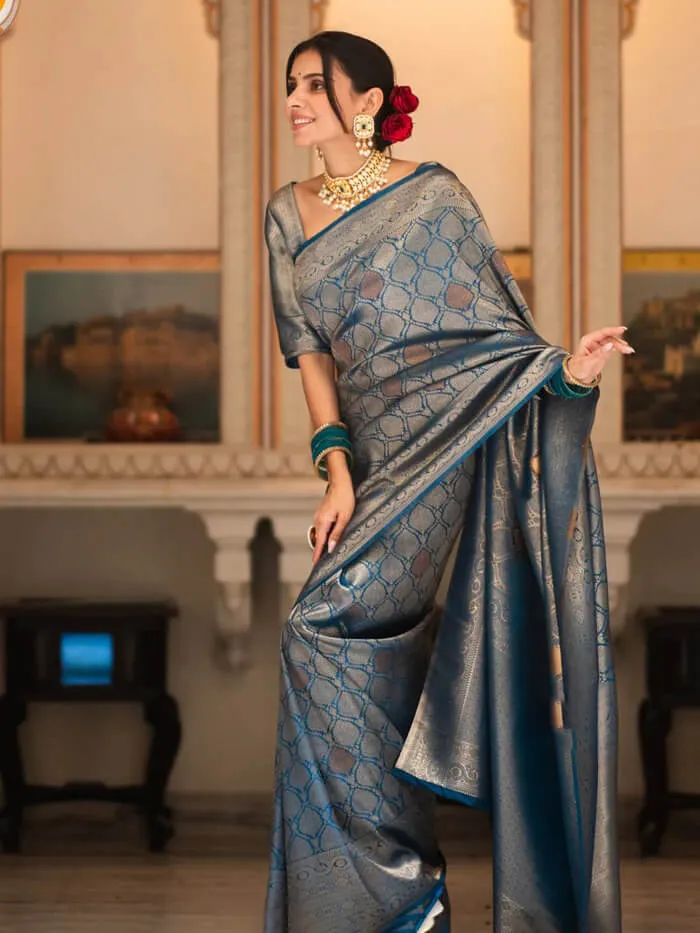 Scrumptious Blue Soft Silk Saree With Tremendous Blouse Piece
