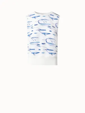 Silk Knit Top with Kasuri Bird Print