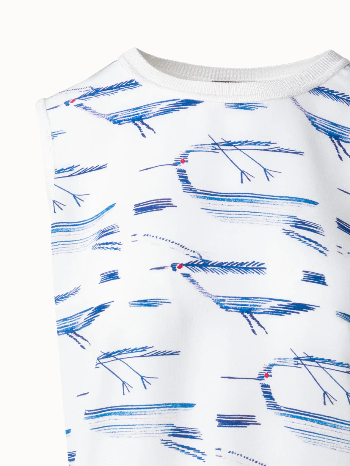 Silk Knit Top with Kasuri Bird Print