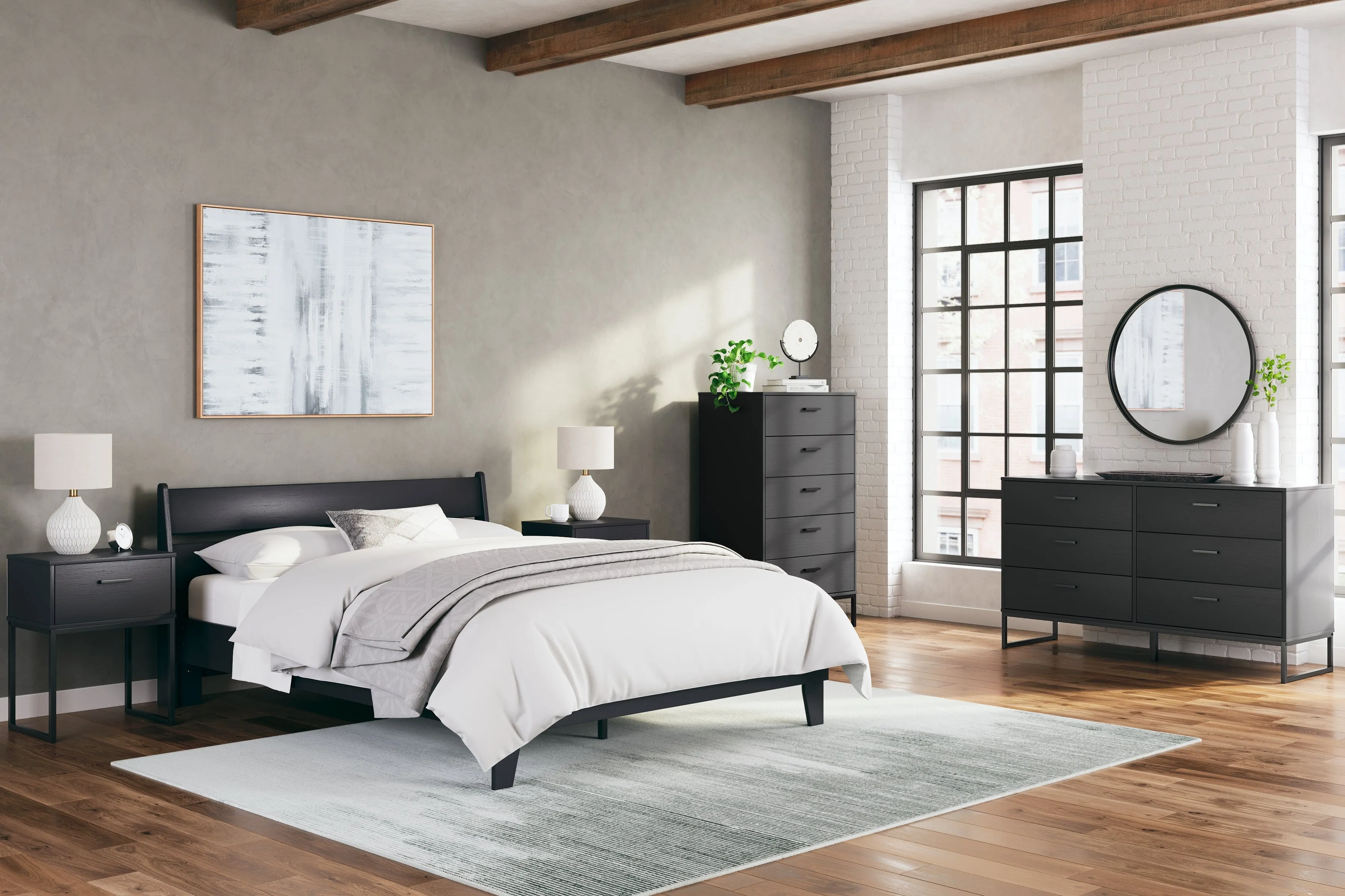 Socalle Queen Panel Platform Bed with Dresser in Black