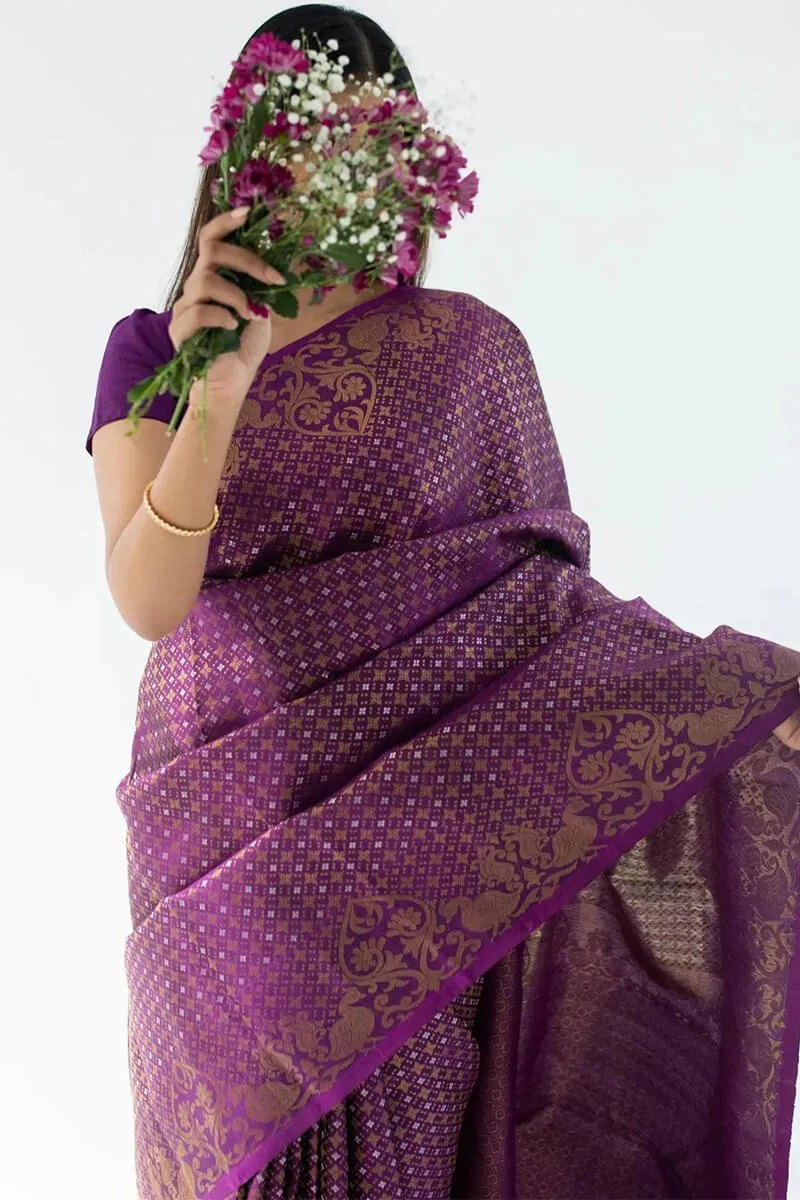 Sonorous Purple Soft Silk Saree With Zephyr Blouse Piece
