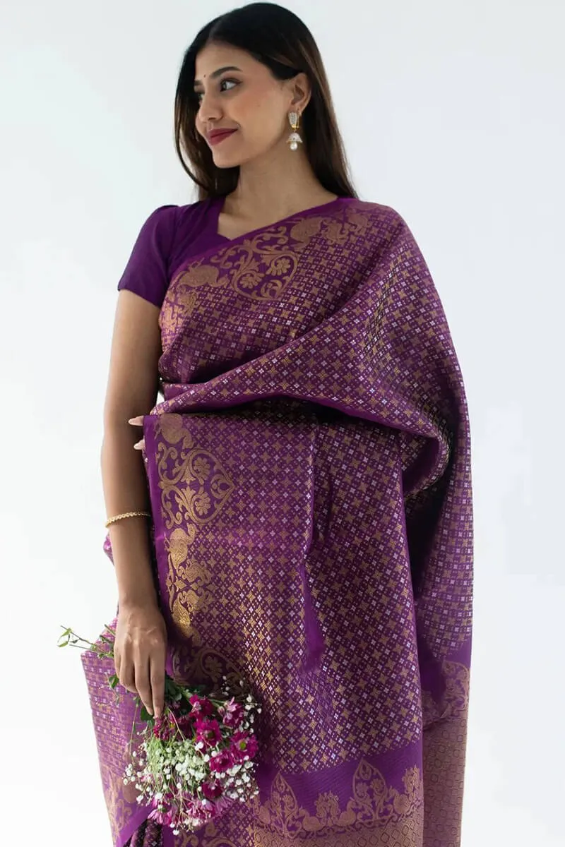 Sonorous Purple Soft Silk Saree With Zephyr Blouse Piece
