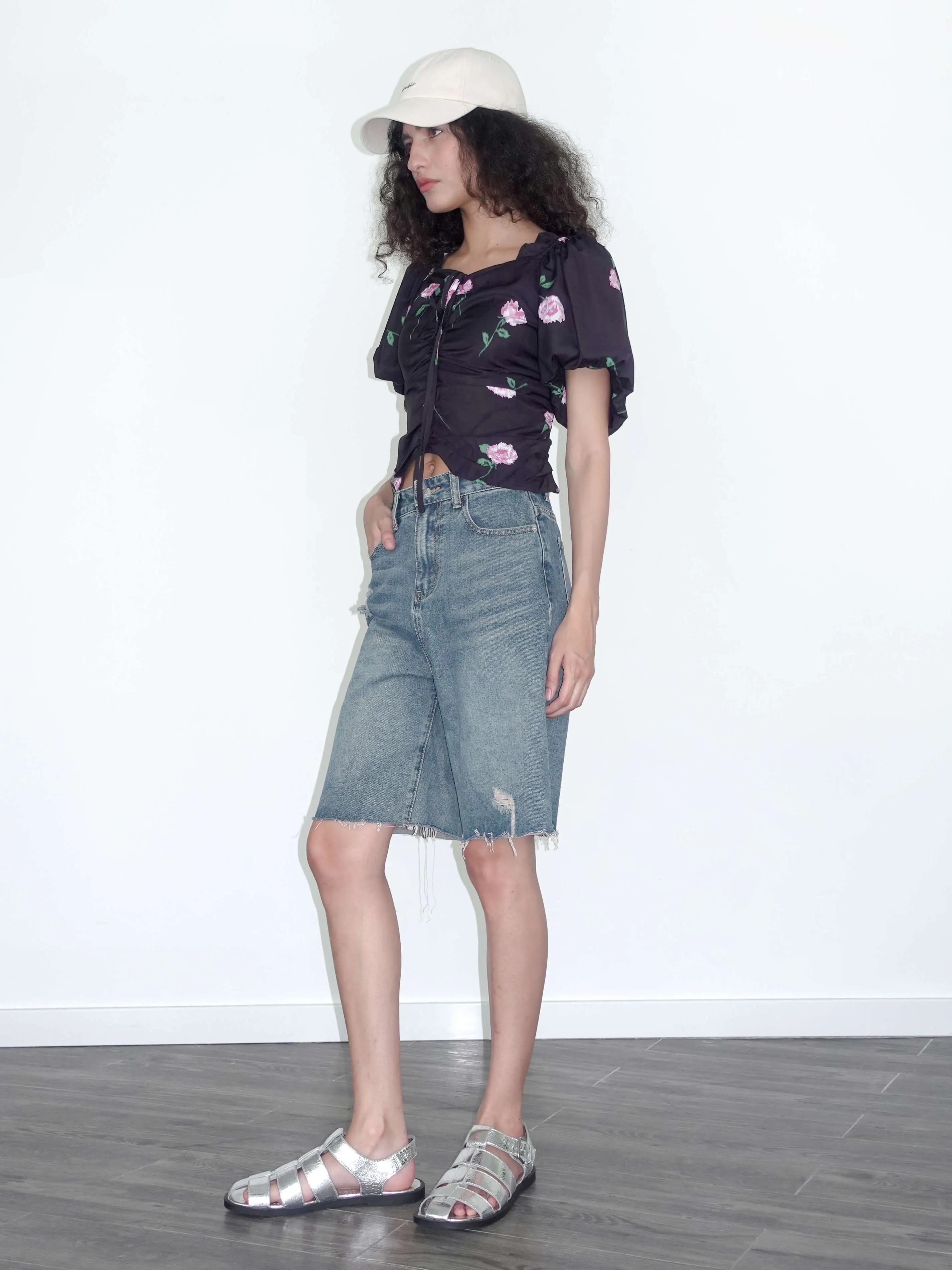 Square Neck Puff Sleeve Flower Print T-shirt