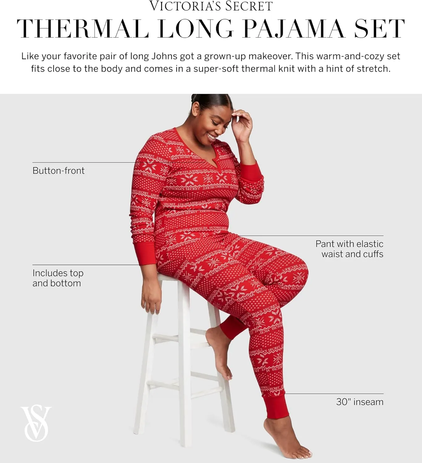 Victoria's Secret Thermal Pajama Set, Long Sleeve Shirt and Pants, Sleepwear for Women (XS-XXL)