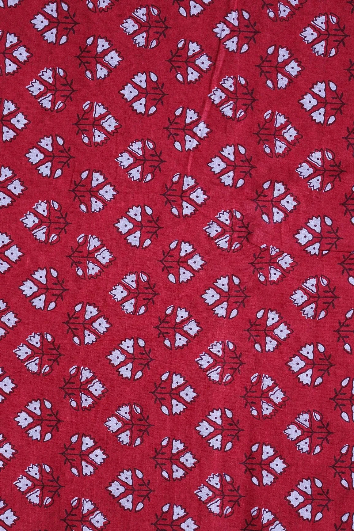 White Floral Booti Pattern Print On Red Pure Cotton Fabric