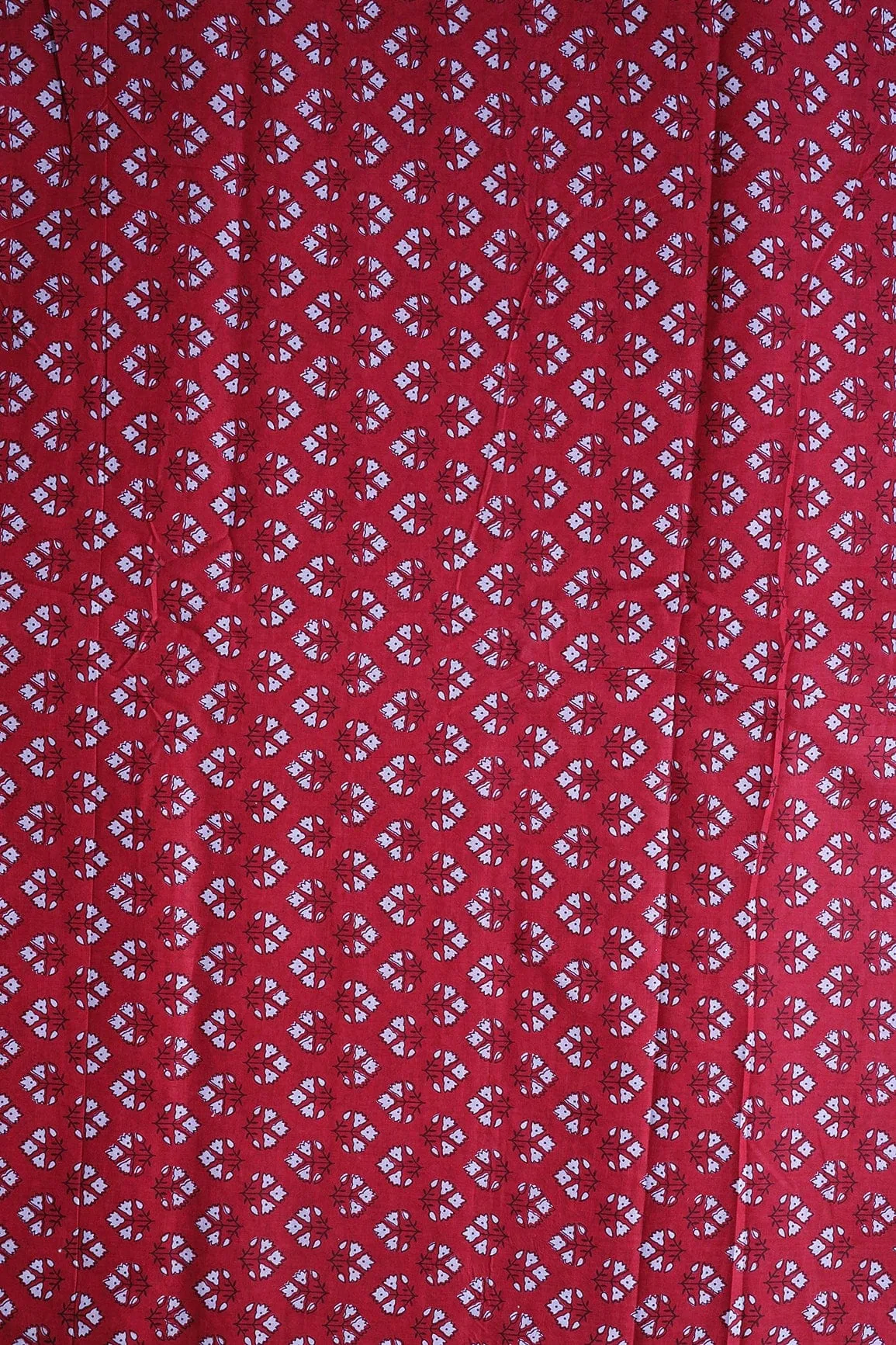 White Floral Booti Pattern Print On Red Pure Cotton Fabric