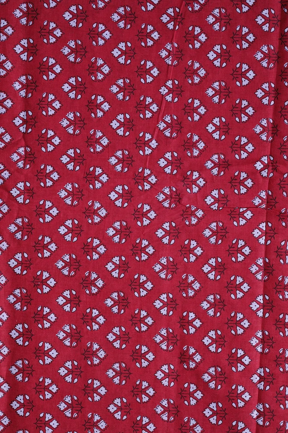 White Floral Booti Pattern Print On Red Pure Cotton Fabric