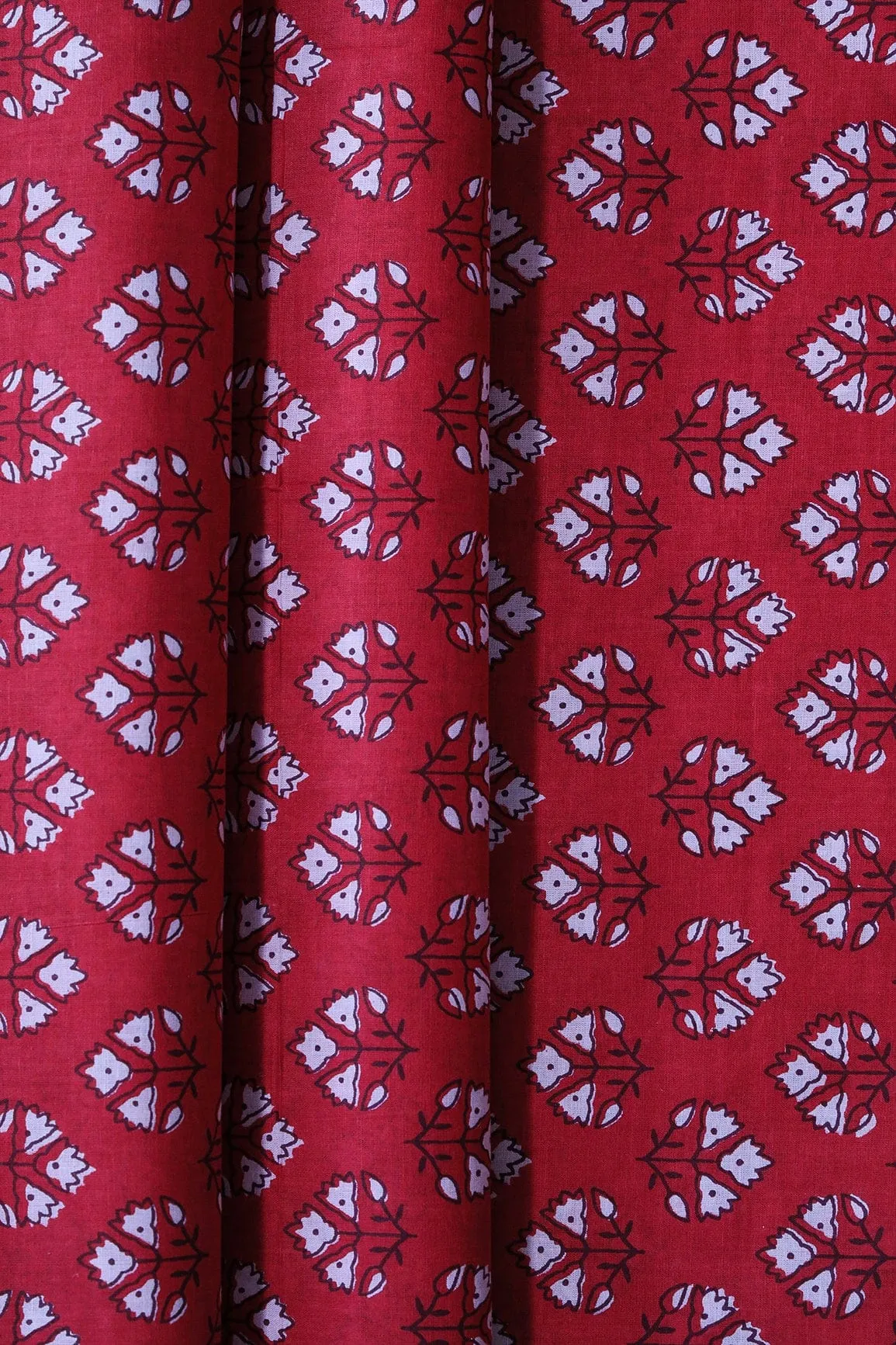 White Floral Booti Pattern Print On Red Pure Cotton Fabric